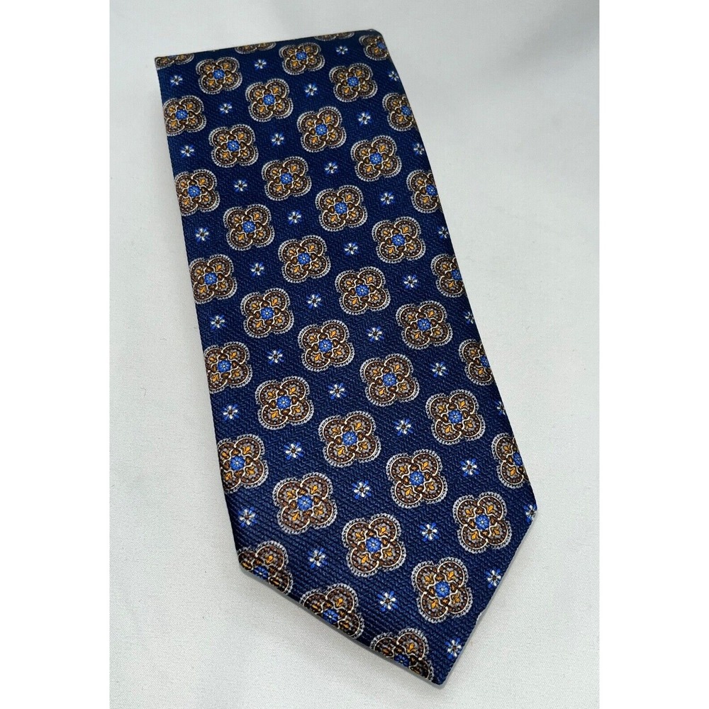 Robert Talbott Necktie Carmel Hand Sewn‎ Blue Geometric Floral Silk Tie